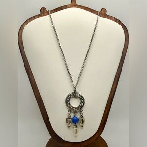 Handmade Silver Tone Pendant Necklace Blue Bead Stainless Steel Chain